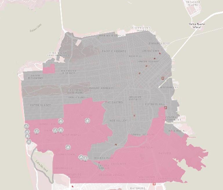 A map of San Francisco showing bikeshare discount zone areas in outer areas, covering neighborhoods ranging from the Outer Richmond and Parkside to Portola and the Bayview. A map of San Francisco showing bikeshare discount zone areas in outer areas, covering neighborhoods ranging from the Outer Richmond and Parkside to Portola and the Bayview.