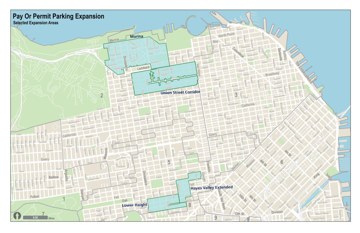 Pay or Permit Parking Expansion map Map of pay or Permit Parking expansion areas in the Marina, Union Street Corridor, Lower Haight, and Hayes valley