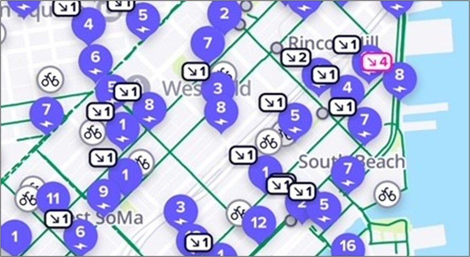 Image of the bikeshare app showing points at different stations. Image of the bikeshare app showing points at different stations.