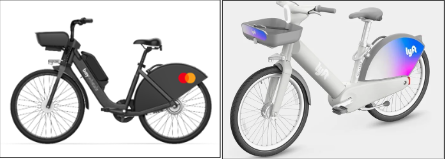 Split-screen image showing a black hybrid e-bike on the left and a gray, docked e-bike on the right. Split-screen image showing a black hybrid e-bike on the left and a gray, docked e-bike on the right.