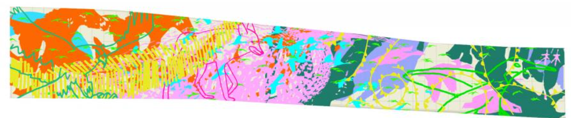 Art proposal for the Potrero Yard bus ramp. Image includes several bright colors and the outlines of animals. Art proposal for the Potrero Yard bus ramp. Image includes several bright colors and the outlines of animals.