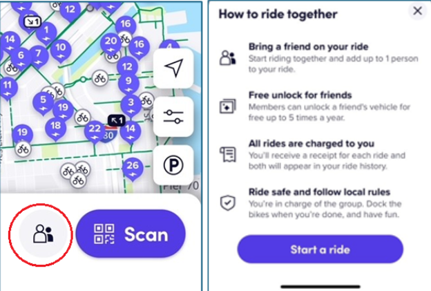 A screenshot of the Bay Wheels app experience that shows how to get a ride for a friend. A screenshot of the Bay Wheels app experience that shows how to get a ride for a friend.