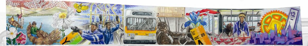 Image of proposed artwork for the Potrero Yard facility. Artwork includes images of people and buses. Image of proposed artwork for the Potrero Yard facility. Artwork includes images of people and buses.
